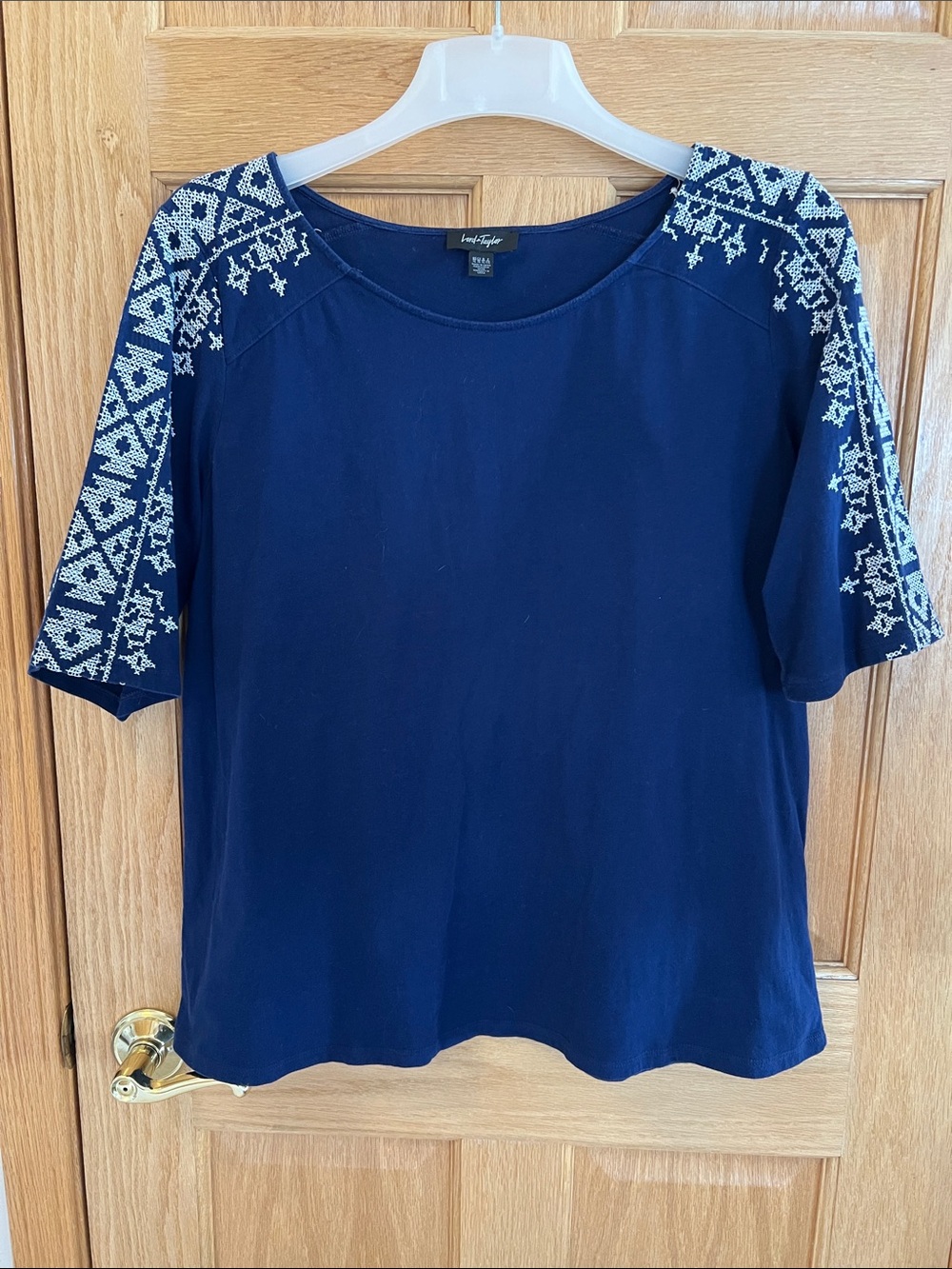 Lord & Taylor Navy Blue Short Sleeve Tee with White Embroidered Shoulders